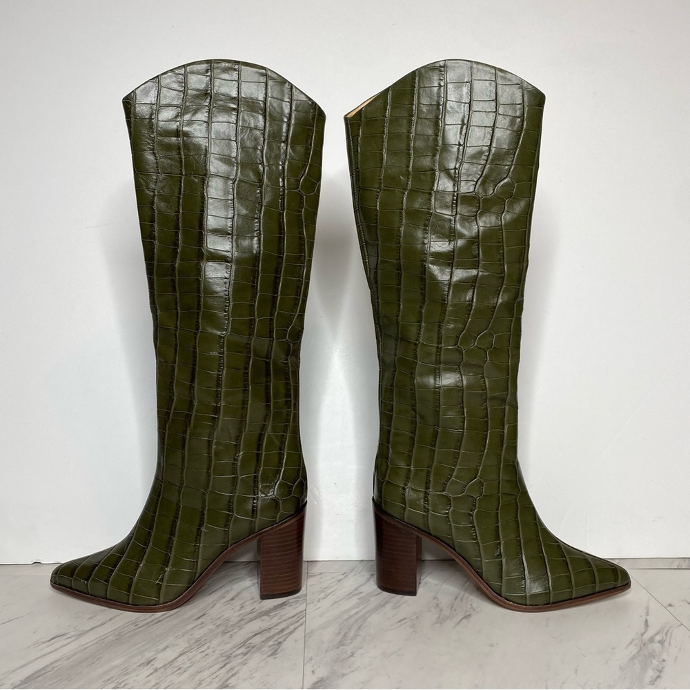 Schutz Maryana Green Crocodile Embossed Tall Block Heel Boot 5B - Picture 8 of 16